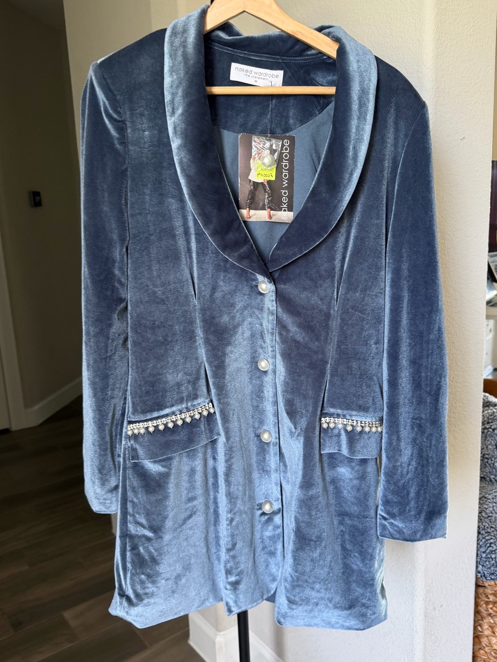 naked wardrobe Steel Blue Velvet Cry Me a River Blazer Dress Pearl Trim M - Picture 1 of 8